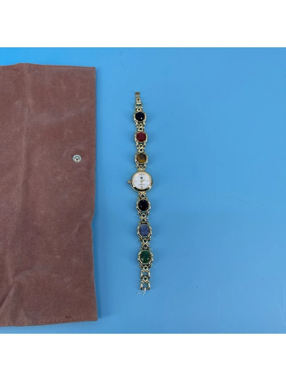 Gloria Vanderbilt Vintage Gold Tone Watch Multi-Color Stones New No Battery